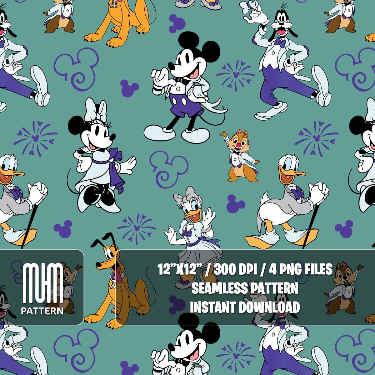Seamless Pattern PNG, Mouse And Friends 100 Years Of Wonder, Cartoon Characters, Repeated Fabric Design Sublimation,Ready for Textile Prints
