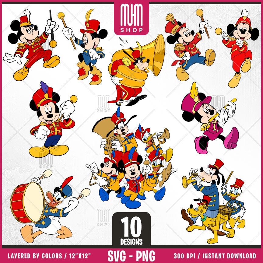 Mouse And Friends Brass Band Parade Svg Png, 10 Designs Easy to use Cartoon Characters, Layered Svg by colors, Transparent Png, for Cricut.