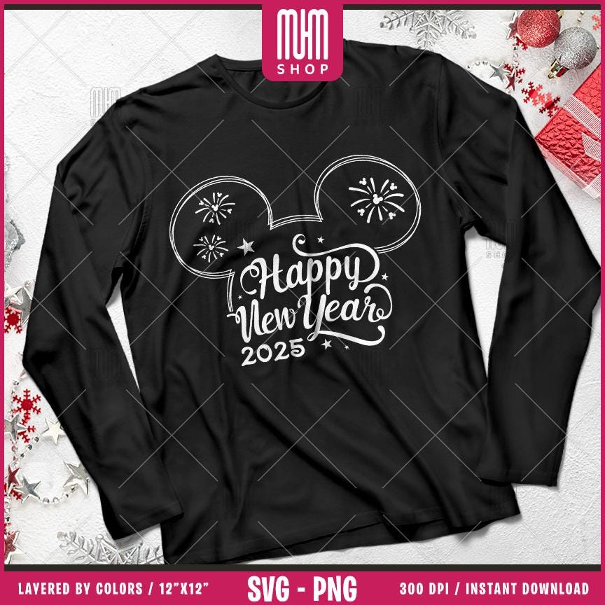Happy New Year 2025 Svg Png, 8 Designs Easy to use, Magical Kingdom Bundle, Family Trip, Castel Svg, Mouse Head, Easy cut files for Cricut.
