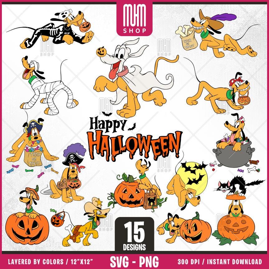Pluto Halloween Svg Png, 15 Designs Easy to use Cartoon Characters, Layered Svg by colors, Transparent Png, Cut files for Cricut.
