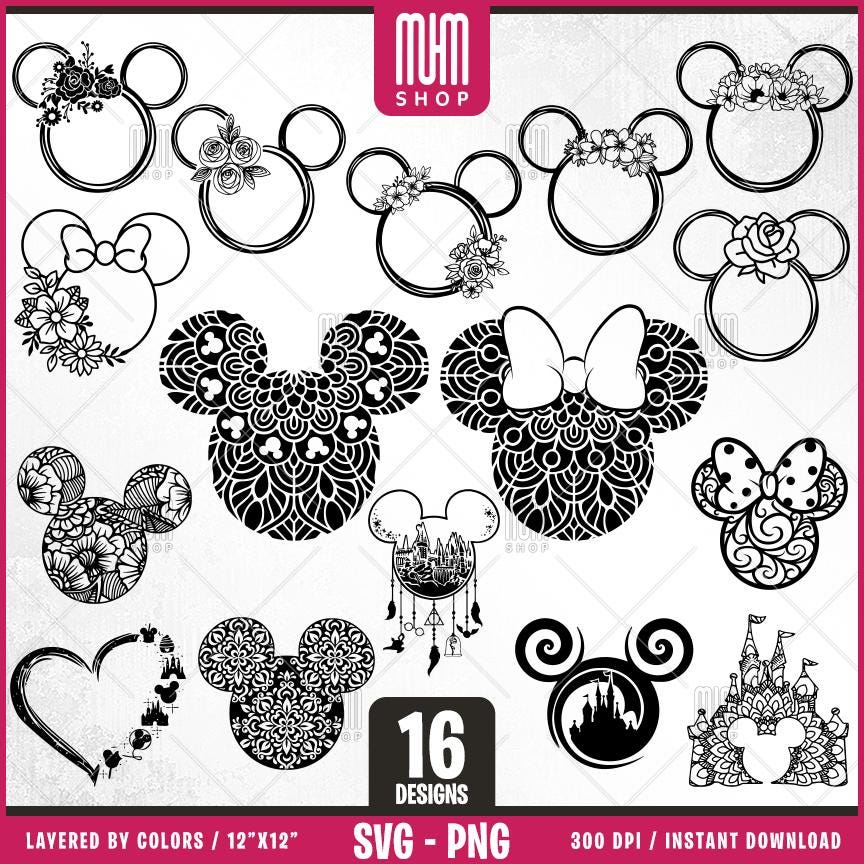 Mouse Floral Ears Svg Png, 16 Designs Easy to use, Cartoon Characters, Layered Svg by colors, Transparent Png, Easy cut files for Cricut.