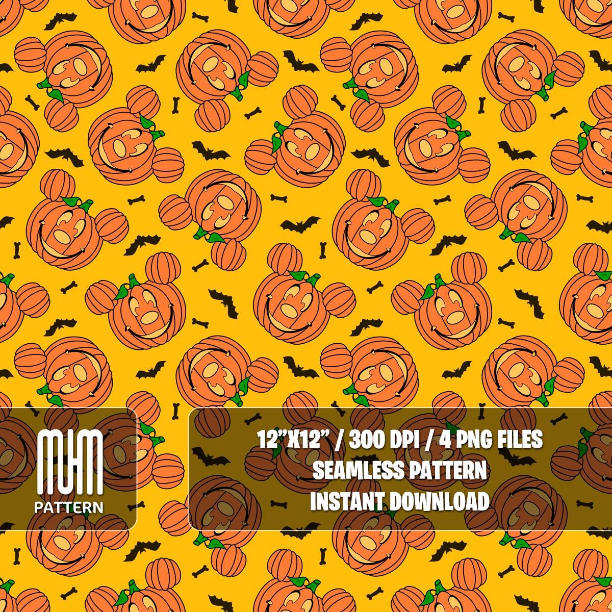 Seamless Pattern PNG, Halloween Pumpkin, Mouse Head, Cartoon Characters, Boo Day, Fabric Design Sublimation, Ready for Textile Prints.