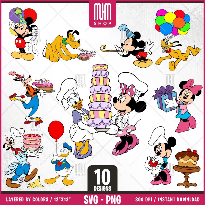Birthday Mouse and Friends Svg, 10 Designs Easy to use Cartoon Characters, Layered Svg by colors, Transparent Png, Easy cut files for Cricut