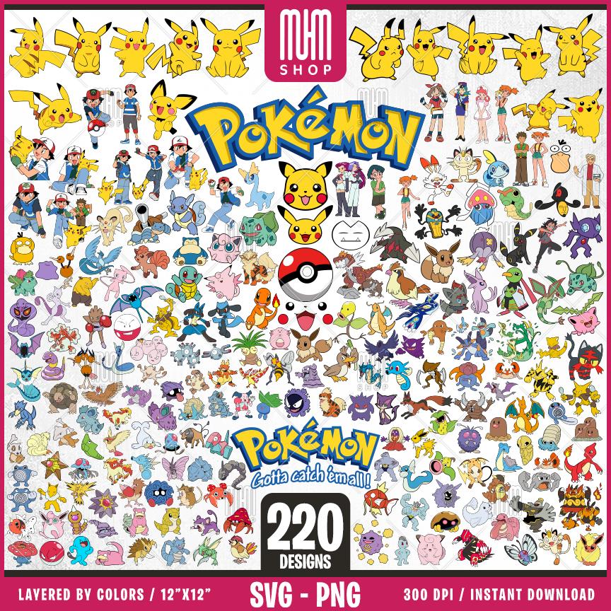 Pokemon Svg Bundle, 220 Designs Easy to use, Cartoon Characters Cliparts, Layered Svg by colors, Transparent Png, Easy cut files for Cricut.
