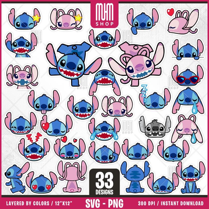 Stickers Stitch Svg, 33 Designs Easy to use, Cartoon Characters Cliparts, Layered Svg by colors, Transparent Png, Easy cut files for Cricut.