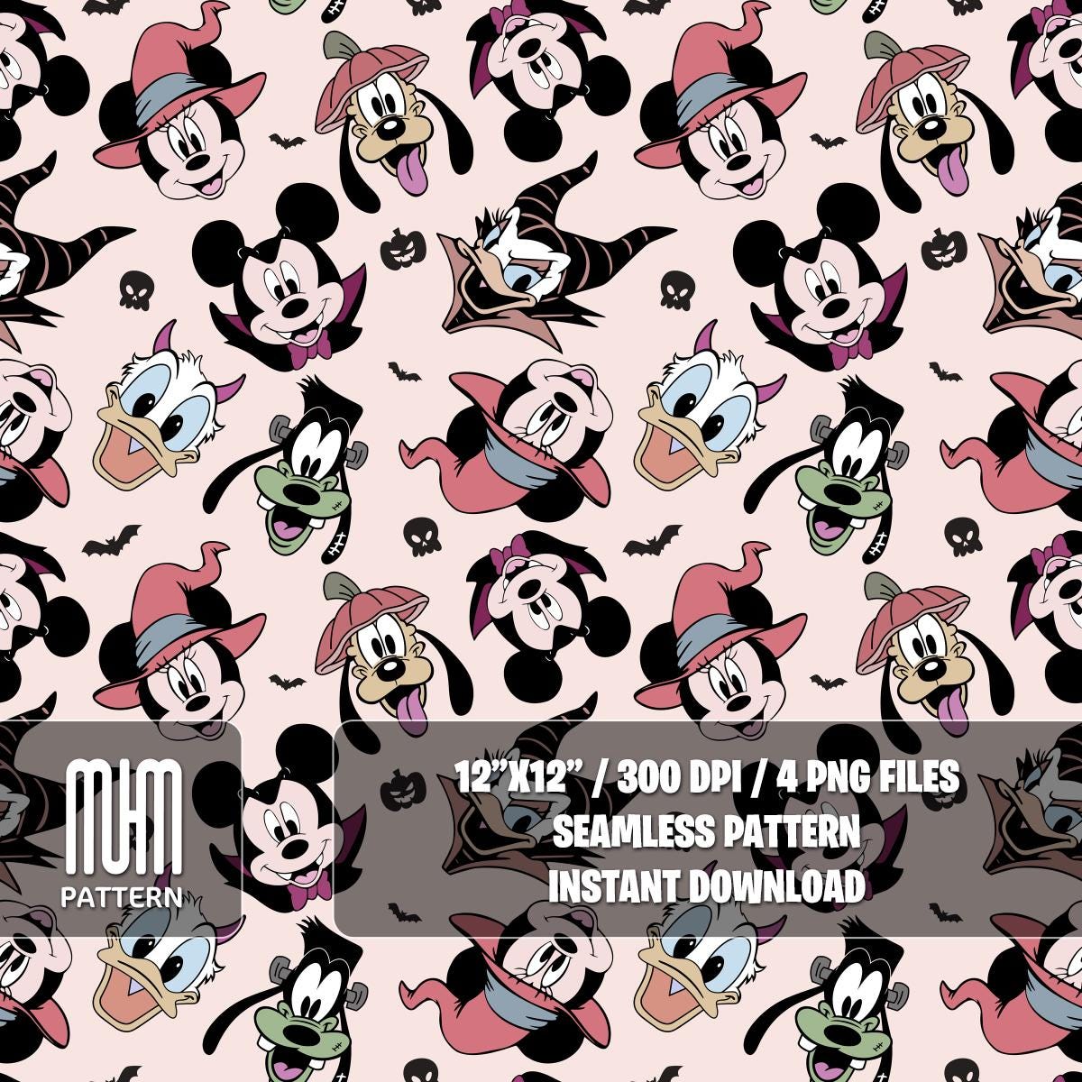 Seamless Pattern PNG, Mouse and Friends Halloween, Mouse Head, Cartoon Characters, Fabric Design Sublimation, Ready for Textile Prints.