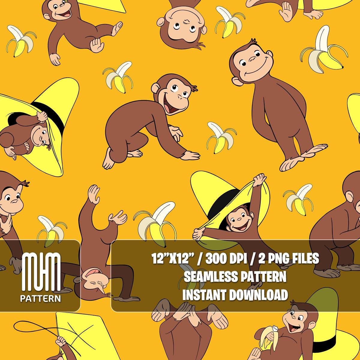 Seamless Pattern PNG, Curious George, Cartoon Characters, Banana George Monkey, Fabric Design Sublimation, Ready for Textile Prints.
