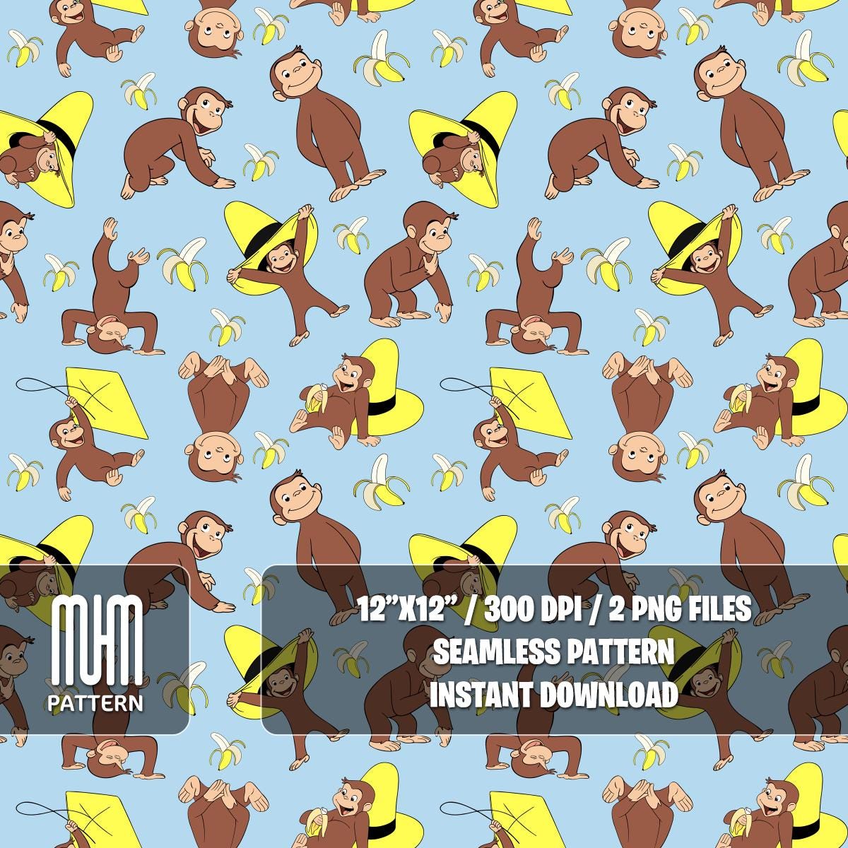 Seamless Pattern PNG, Curious George, Cartoon Characters, Banana George Monkey, Fabric Design Sublimation, Ready for Textile Prints.