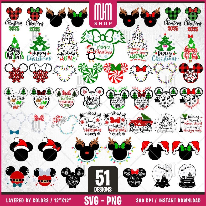 Christmas Bundle Svg Png, 51 Designs Easy to use, Magical Kingdom Bundle, Family Trip, Castel Svg, Mouse Head, Easy cut files for Cricut.