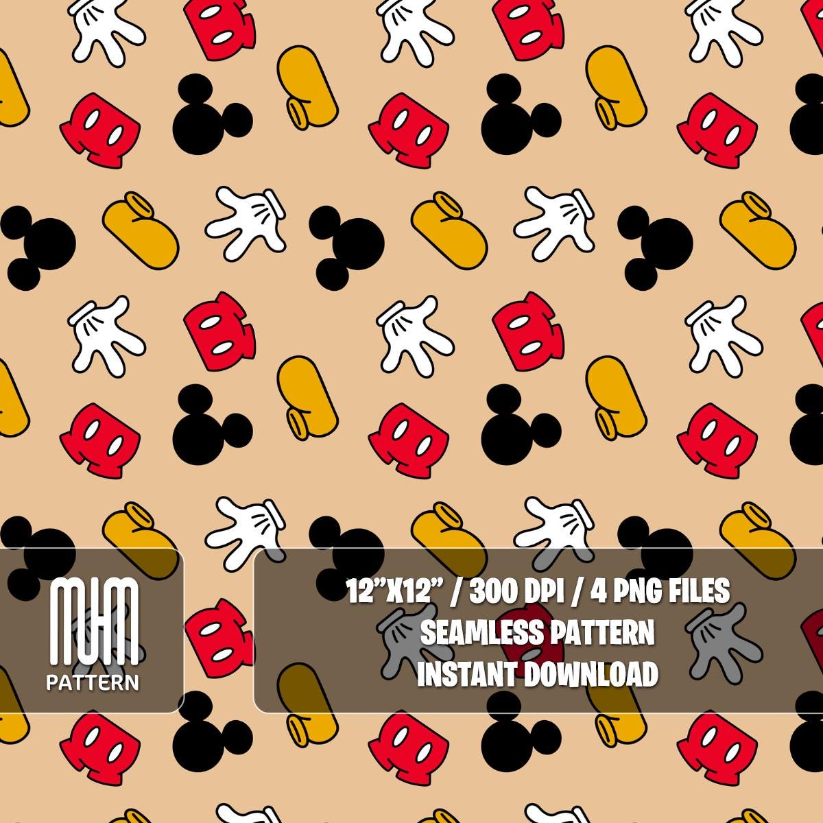 Seamless Pattern PNG, Mouse Hands, Magical Kingdom, Cartoon Characters, Repeated Fabric Design Sublimation, Ready for Textile Prints.