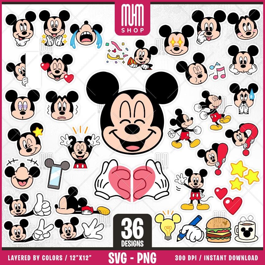 Stickers Mouse Svg, 36 Designs Easy to use, Cartoon Characters Clipart, Layered Svg by colors, Transparent Png, Easy cut files for Cricut.