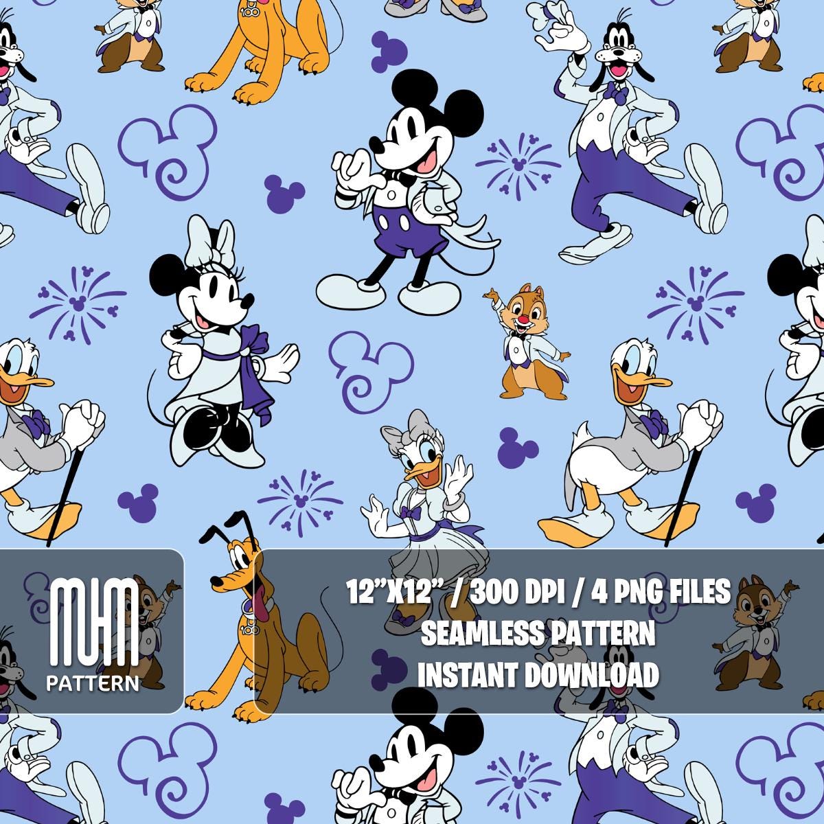 Seamless Pattern PNG, Mouse And Friends 100 Years Of Wonder, Cartoon Characters, Repeated Fabric Design Sublimation,Ready for Textile Prints