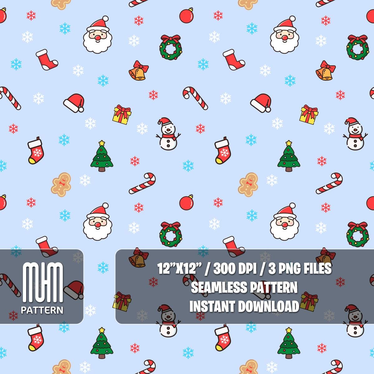 Seamless Pattern PNG, Merry Christmas, New Year, Colored Background, Xmas Noel Day, Fabric Design Sublimation, Ready for Textile Prints.