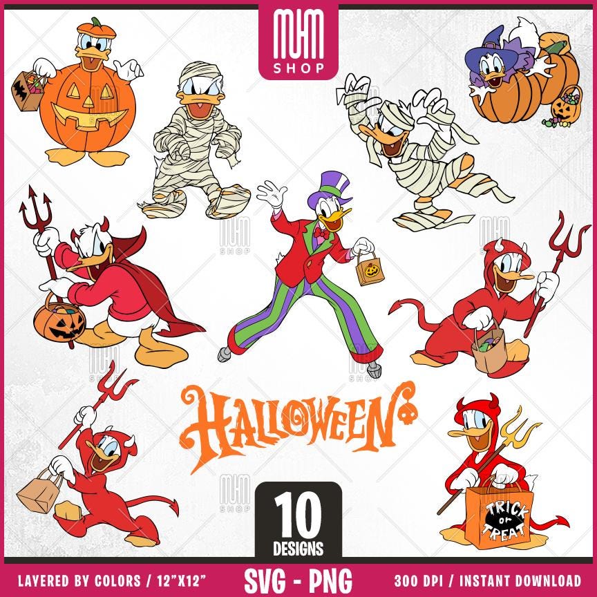 Donald Duck Halloween Svg Png, 10 Designs Easy to use Cartoon Characters, Layered Svg by colors, Transparent Png, Easy cut files for Cricut.