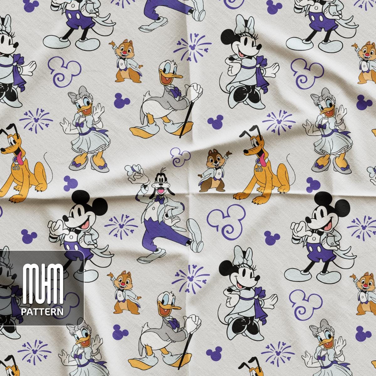 Seamless Pattern PNG, Mouse And Friends 100 Years Of Wonder, Cartoon Characters, Repeated Fabric Design Sublimation,Ready for Textile Prints