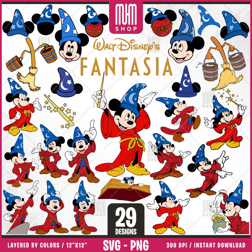 Fantasia Sorcerer Mouse Svg Png, 29 Designs Easy to use, Cartoon Characters, Layered Svg by colors, Transparent Png, Cut Files for Cricut.