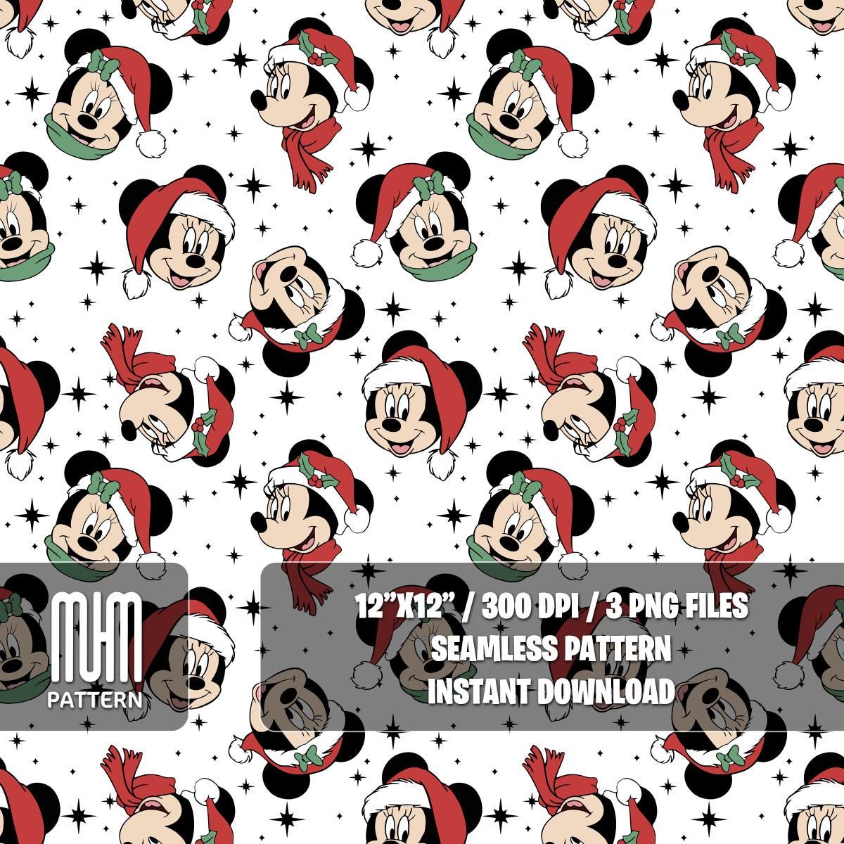 Seamless Pattern PNG, Merry Christmas, Mouse and Friends, Cartoon Characters, Noel Day, Fabric Design Sublimation, Ready for Textile Prints.