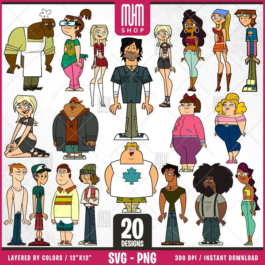 Total Drama Svg Png Set1, 20 Designs Easy to use, Cartoon Characters Cliparts, Layered Svg by colors, Transparent Png, Cut files for Cricut.
