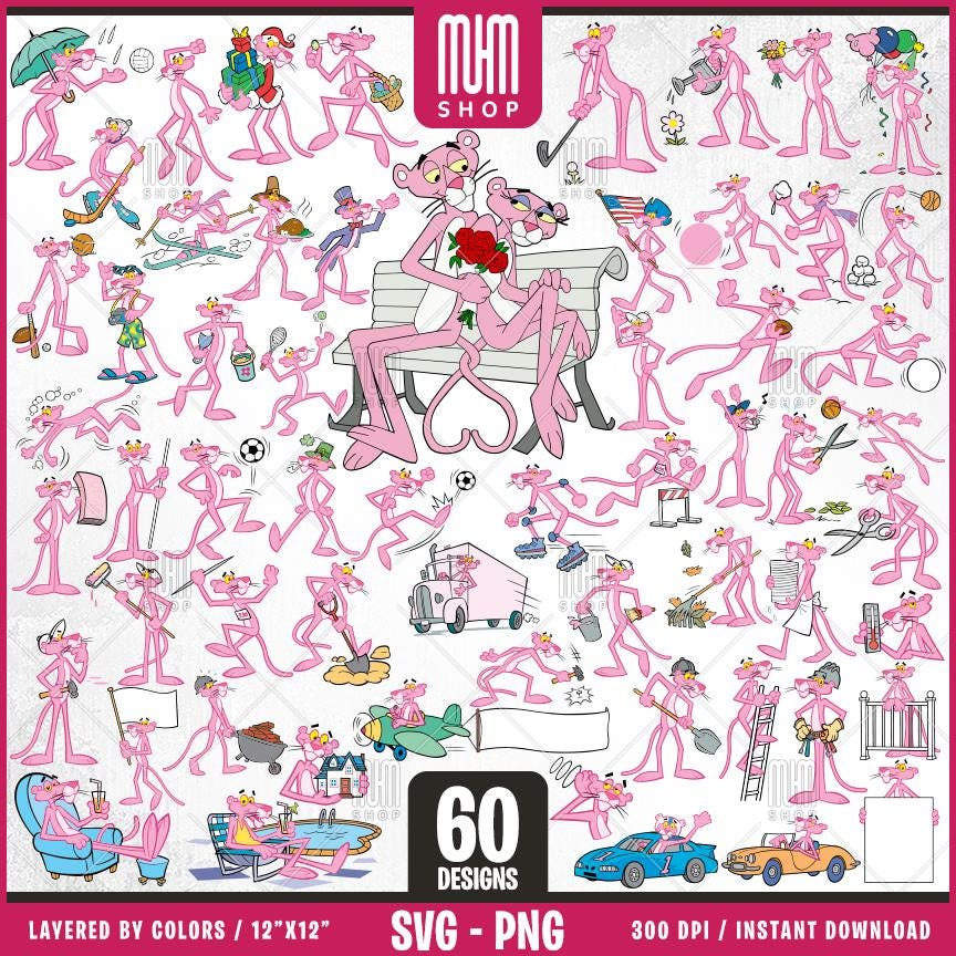 Pink Panther Life Svg Png, 60 Designs Easy to use, Cartoon Characters Cliparts, Layered Svg by colors, Transparent Png, Cut files for Cricut