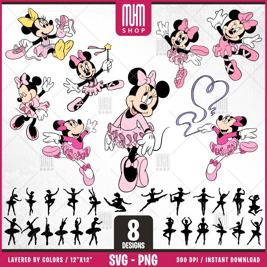 Minnie Mouse Ballerina Svg, 8 Designs +24 Silhouette, Cartoon Characters, Layered Svg by colors, Transparent Png, Easy cut files for Cricut.