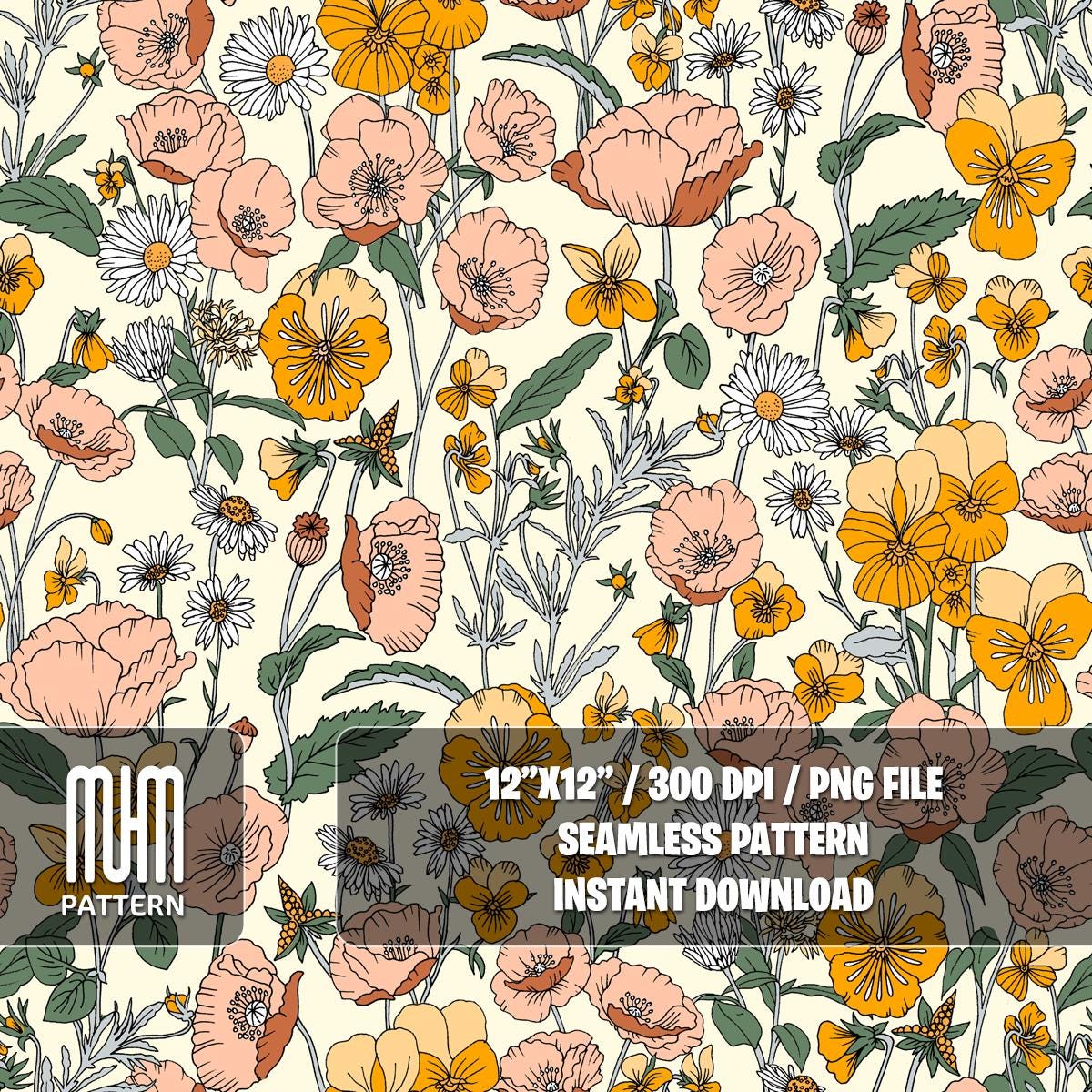 Seamless Pattern, Hand Drawn Floral Pattern, Seamless Yellow Flowers, Modern Design, Fabric Design Sublimation, Ready for Textile Prints.