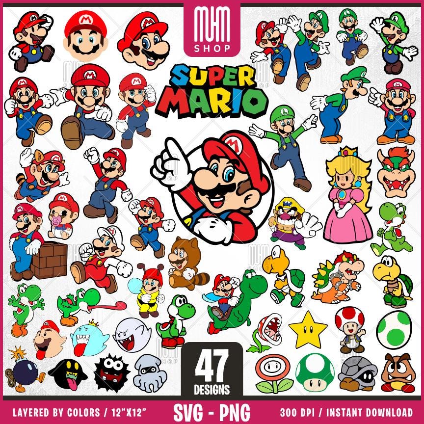 Super Mario Svg Png, 47 Designs Easy to use, Cartoon Characters Cliparts, Layered Svg by colors, Transparent Png, Easy cut files for Cricut.