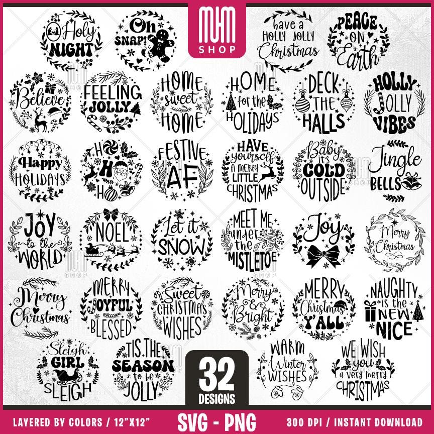 Christmas Ornament Bundle Svg Png, 32 Designs Easy to use, Joy, Noel, Jingle, Happy New Year, Ornament, Easy cut files for Cricut.