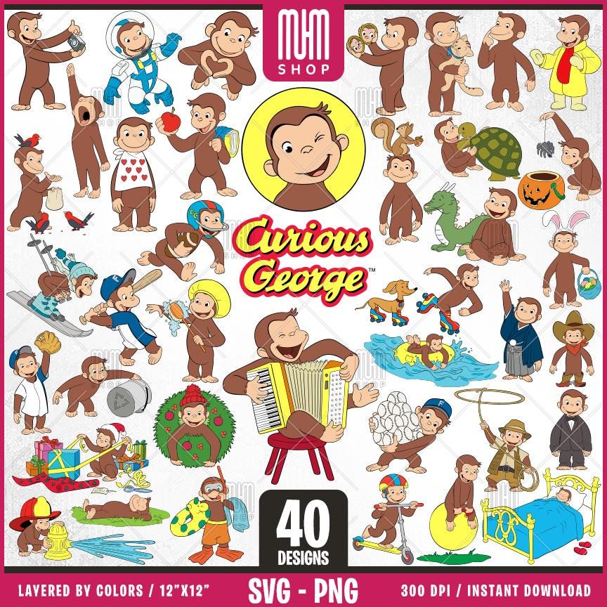 Curious George Monkey and Life Svg Png, 40 Designs Easy to use, Cartoon Characters, Layered Svg by colors, Transparent Png, Cricut Cut files