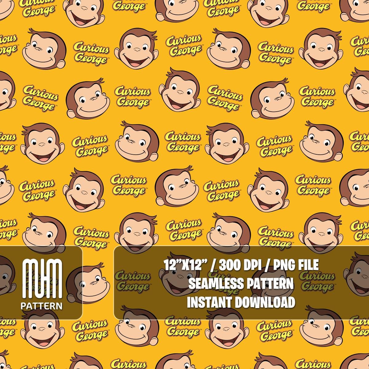 Seamless Pattern PNG, Curious George, Cartoon Characters, Banana George Monkey, Fabric Design Sublimation, Ready for Textile Prints.