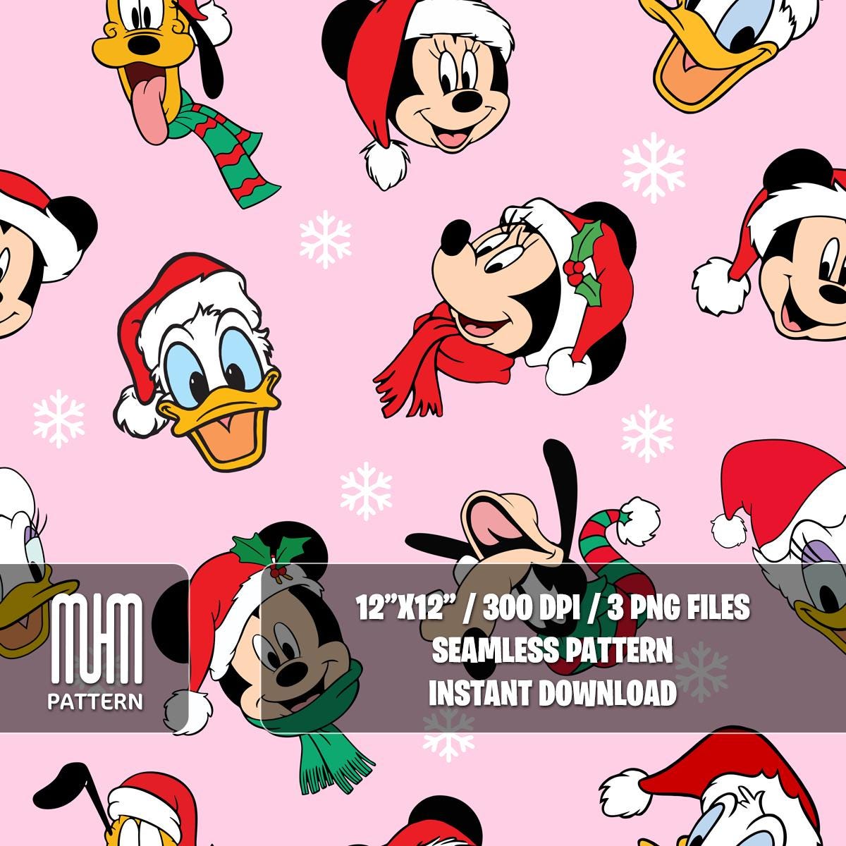Seamless Pattern PNG, Merry Christmas, Mouse and Friends, Cartoon Characters, Xmas Day, Fabric Design Sublimation, Ready for Textile Prints.