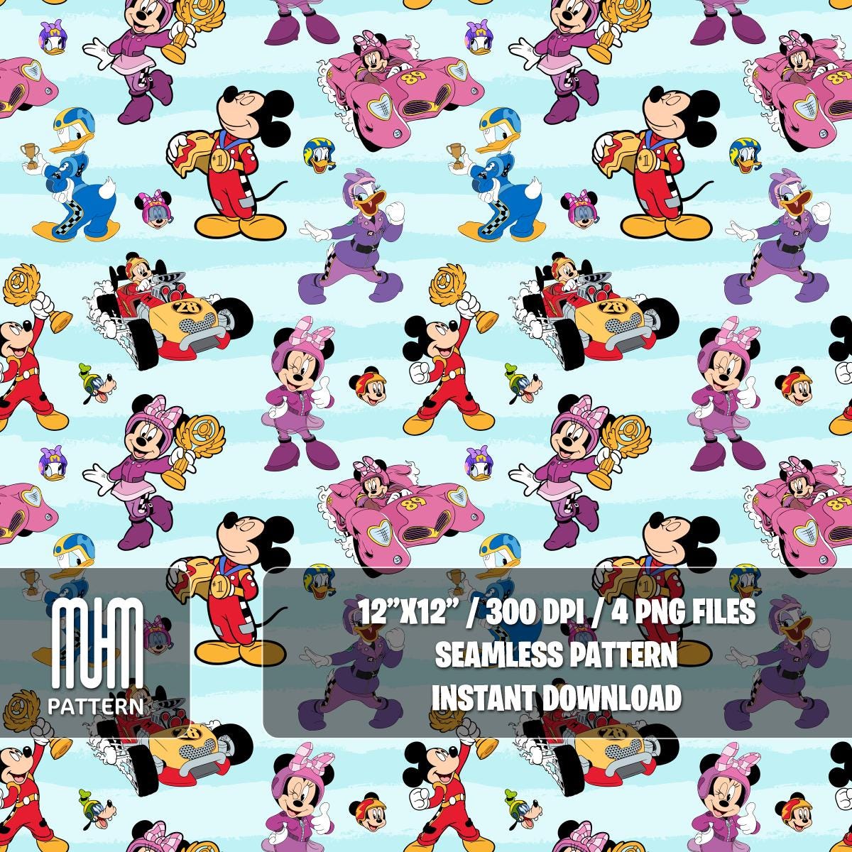Seamless Pattern PNG, Mouse and Friends Roadster Racers, Cartoon Characters, Repeat Png, Fabric Design Sublimation, Ready for Textile Prints