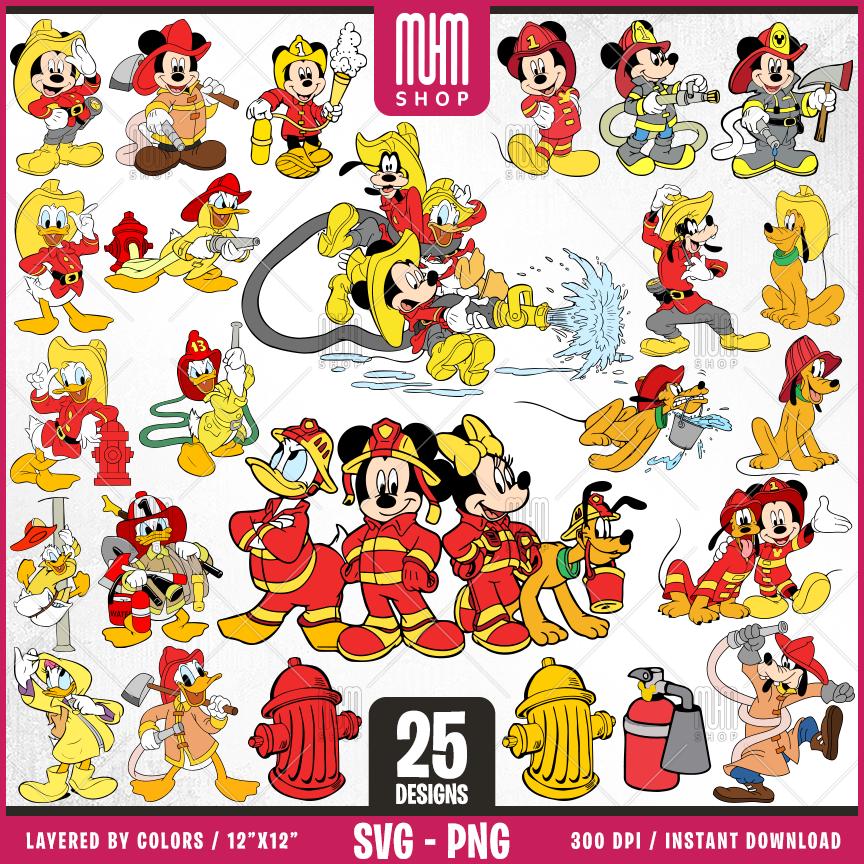 Mouse And Friends Firefighters Svg Png, 25 Designs Easy to use Cartoon Characters, Layered Svg by colors, Transparent Png, Files for Cricut.