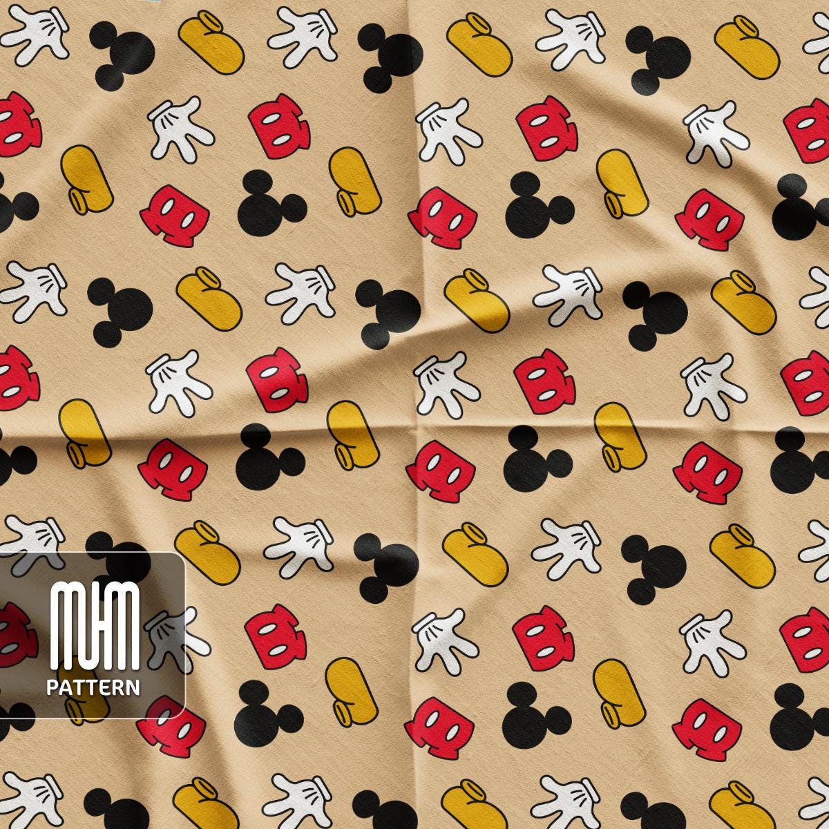 Seamless Pattern PNG, Mouse Hands, Magical Kingdom, Cartoon Characters, Repeated Fabric Design Sublimation, Ready for Textile Prints.