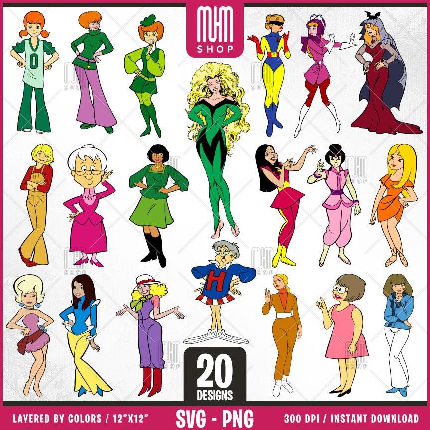 Retro Cartoon Characters - Women Svg Png, 20 Designs Easy to use, 70s, 80s, Layered Svg by colors, Transparent Png, Cut Files for Cricut.