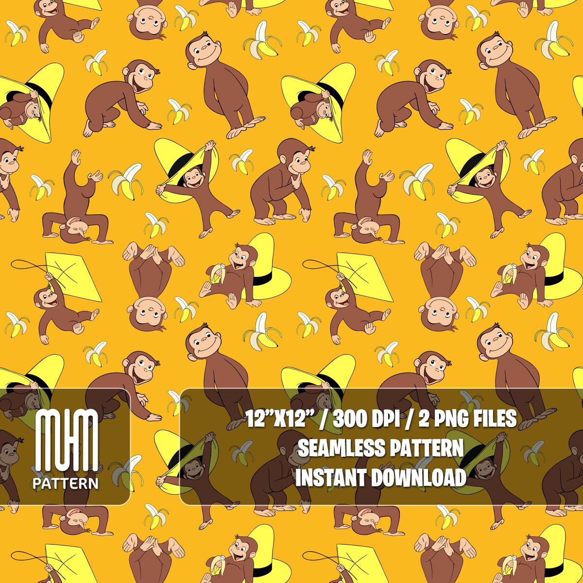 Seamless Pattern PNG, Curious George, Cartoon Characters, Banana George Monkey, Fabric Design Sublimation, Ready for Textile Prints.