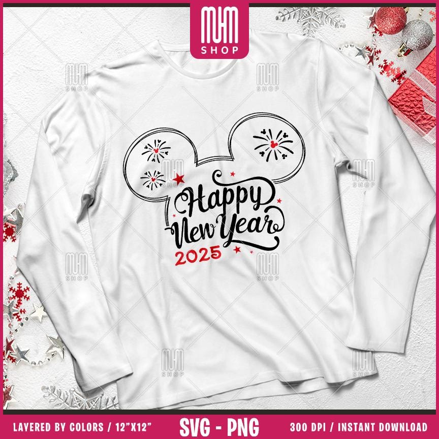 Happy New Year 2025 Svg Png, 8 Designs Easy to use, Magical Kingdom Bundle, Family Trip, Castel Svg, Mouse Head, Easy cut files for Cricut.