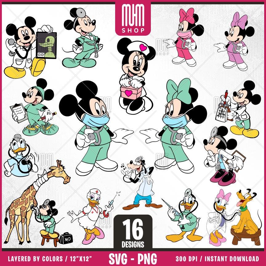 Doctor and Nurse Mouse Svg, 16 Designs Easy to use, Cartoon Characters, Layered Svg by colors, Transparent Png, Easy cut files for Cricut.