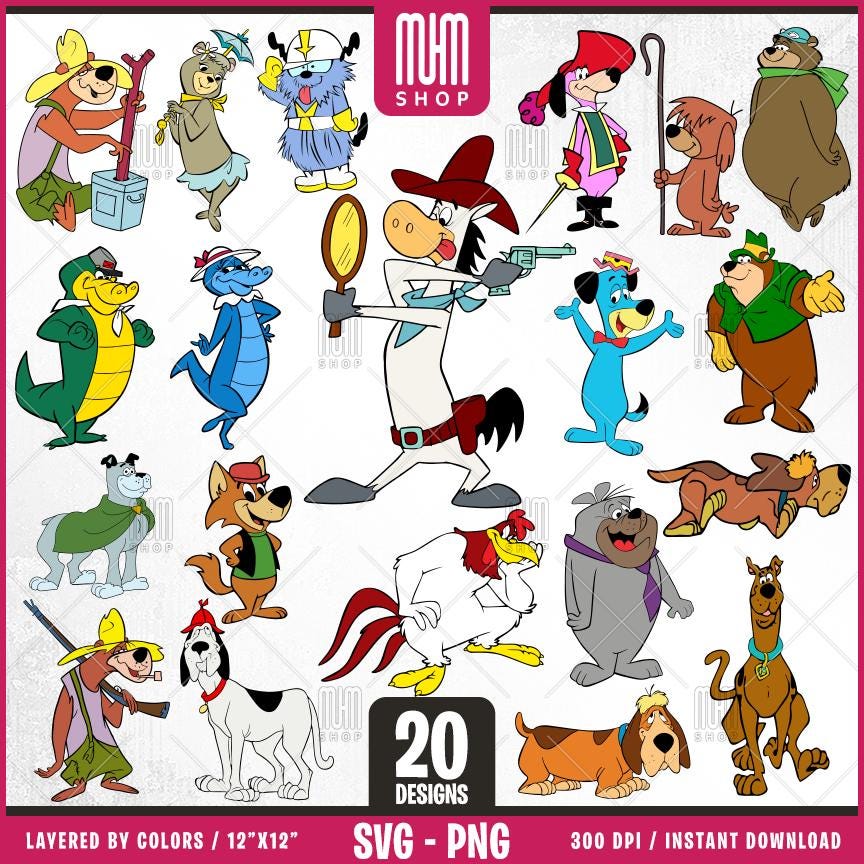 Retro Cartoon Characters - Animals Svg Png, 20 Designs Easy to use, 70s, 80s, Layered Svg by colors, Transparent Png, Cut Files for Cricut.