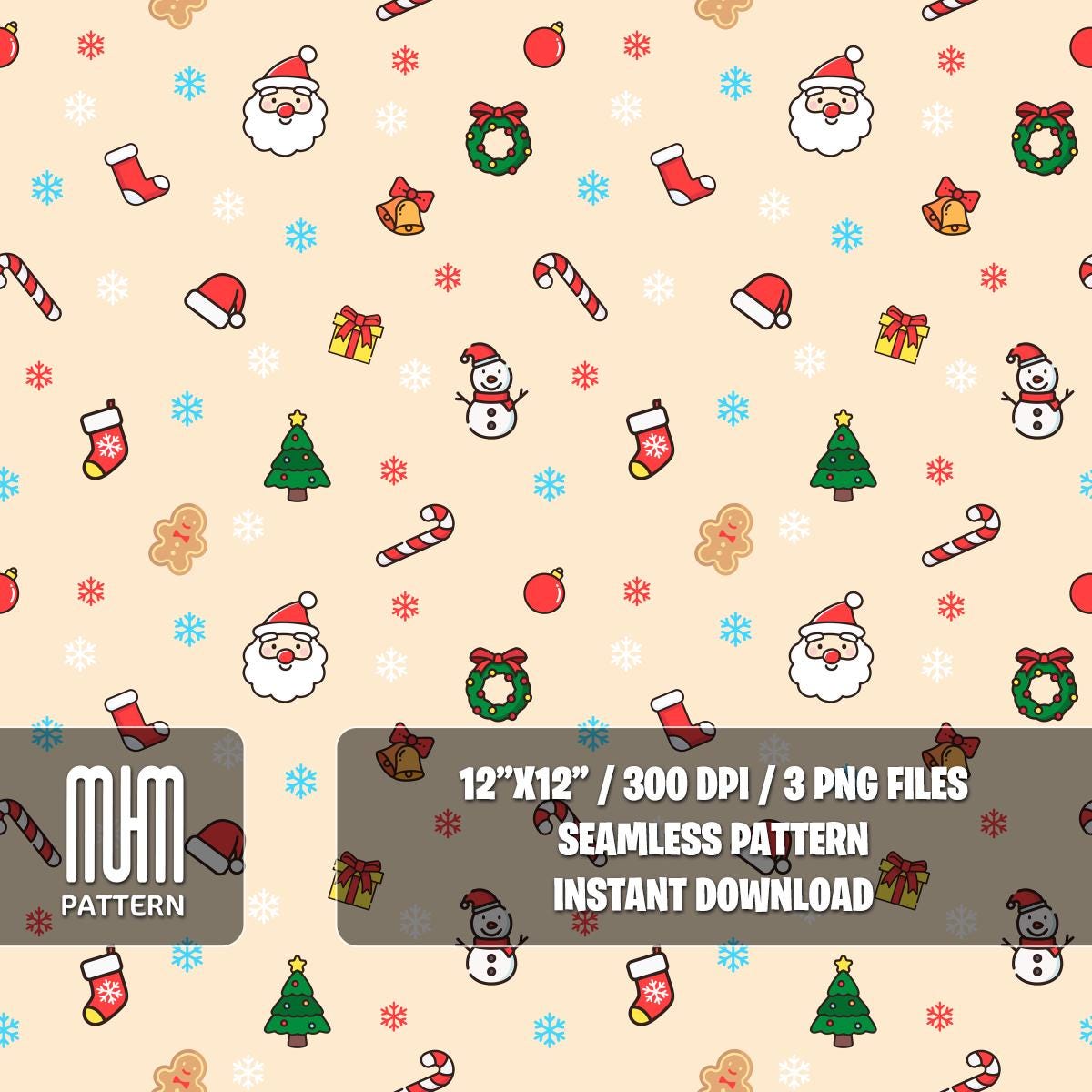 Seamless Pattern PNG, Merry Christmas, New Year, Colored Background, Xmas Noel Day, Fabric Design Sublimation, Ready for Textile Prints.