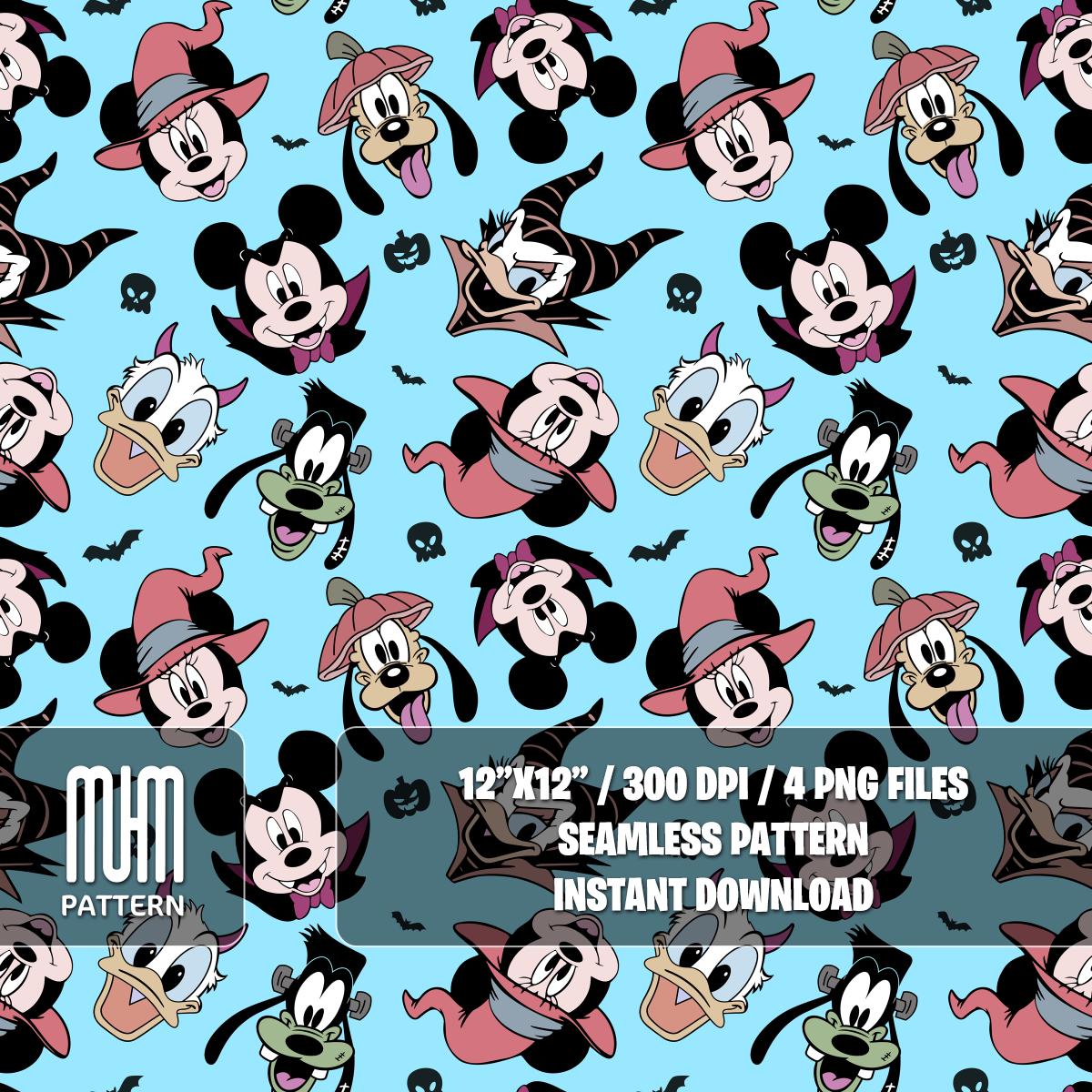 Seamless Pattern PNG, Mouse and Friends Halloween, Mouse Head, Cartoon Characters, Fabric Design Sublimation, Ready for Textile Prints.