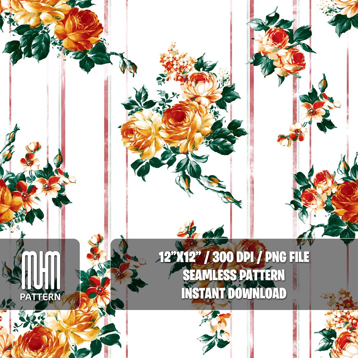 Seamless Pattern, Hand Drawn Flowers with Leaves, Pretty Pattern on Striped Background, Fabric Design Sublimation, Ready for Textile Prints.