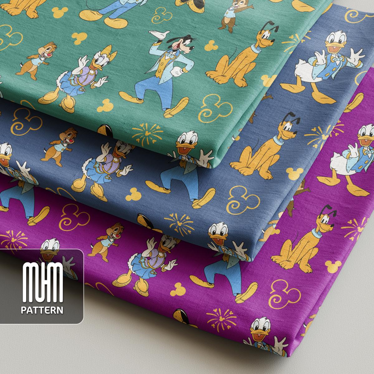 Seamless Pattern PNG, Mouse And Friends 50th Anniversary, Cartoon Characters, Repeated Fabric Design Sublimation, Ready for Textile Prints.