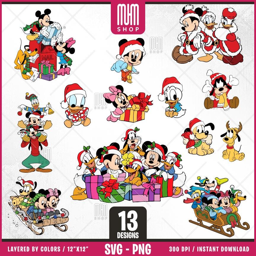 Mouse And Friends Merry Christmas Svg Png, 13 Designs Easy to use Cartoon Characters Layered Svg by colors, Transparent Png files for Cricut