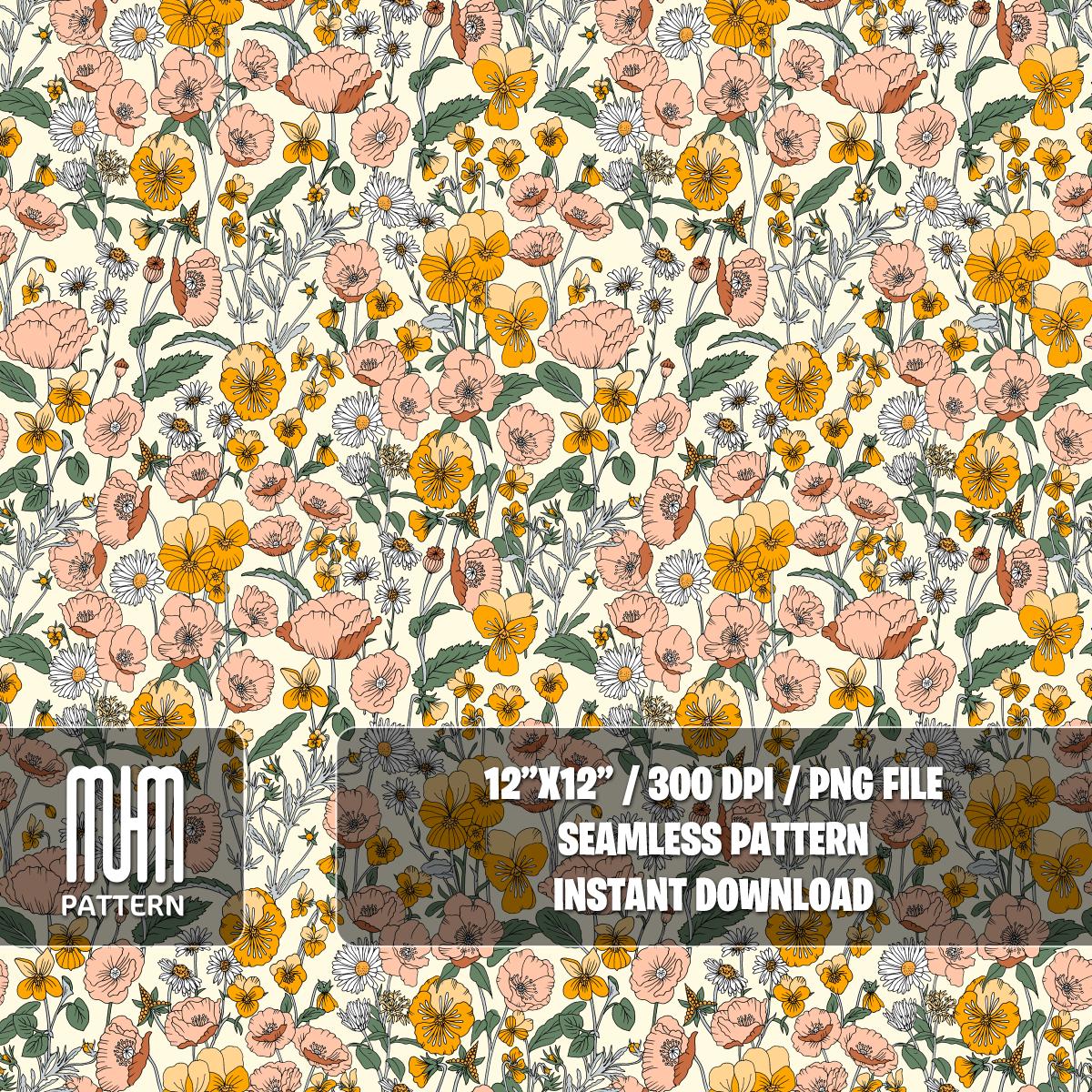Seamless Pattern, Hand Drawn Floral Pattern, Seamless Yellow Flowers, Modern Design, Fabric Design Sublimation, Ready for Textile Prints.