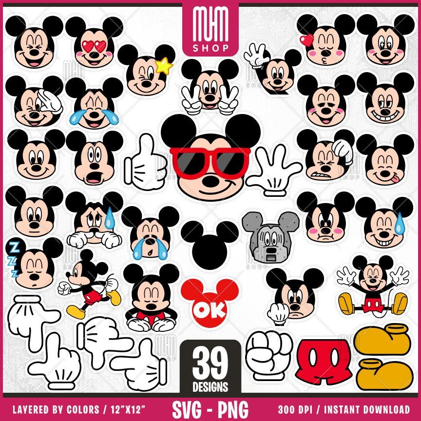 Stickers Mickeyy Mouse Svg, 39 Designs Easy to use, Cartoon Characters, Layered Svg by colors, Transparent Png, Easy cut files for Cricut.