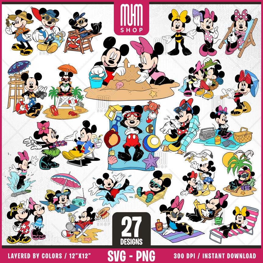 Mouse And Minnie At Beach Svg, 27 Designs Easy to use, Cartoon Characters, Layered Svg by colors, Transparent Png, Cut files for Cricut.