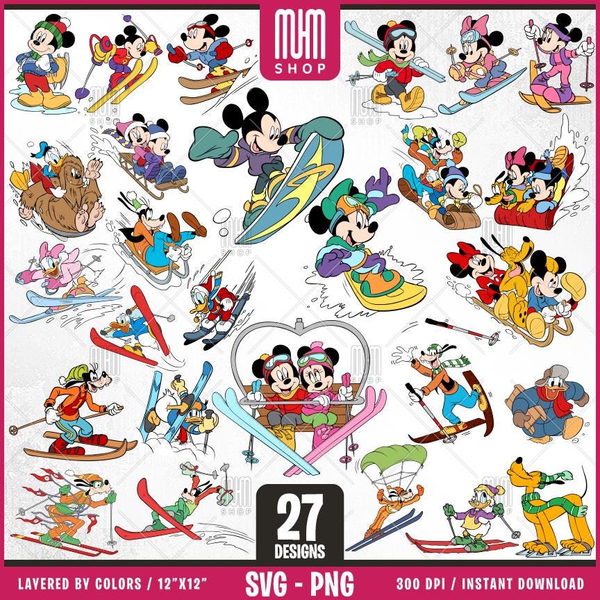 Mouse And Friends Skiing Sport Svg Png, 27 Designs, Cartoon Characters, Layered Svg by colors, Transparent Png, Easy cut files for Cricut.