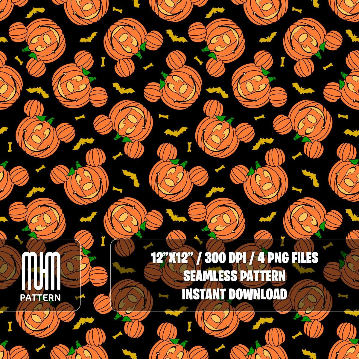 Seamless Pattern PNG, Halloween Pumpkin, Mouse Head, Cartoon Characters, Boo Day, Fabric Design Sublimation, Ready for Textile Prints.