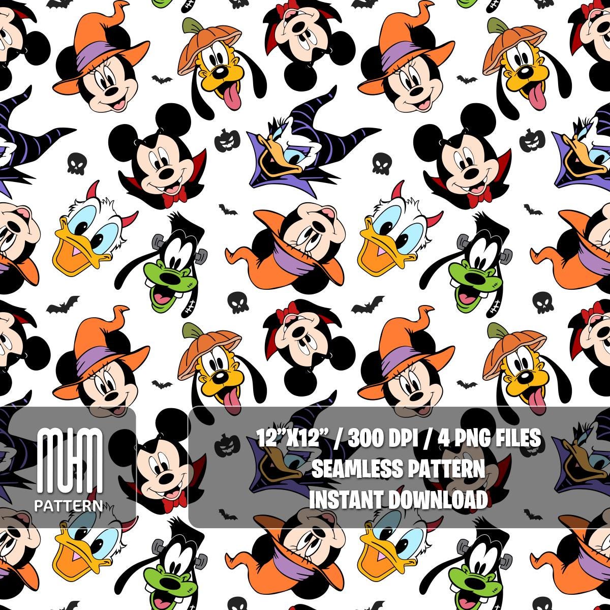Seamless Pattern PNG, Mouse and Friends Halloween, Mouse Head, Cartoon Characters, Fabric Design Sublimation, Ready for Textile Prints.