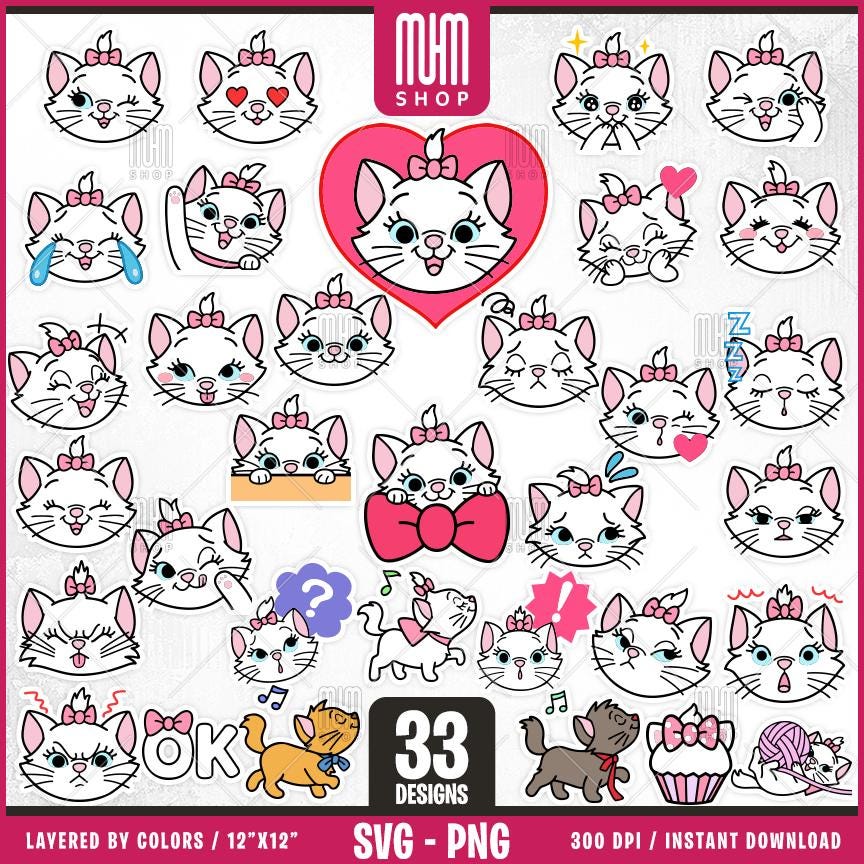 Stickers Marie Cat Svg Png, 33 Designs Easy to use, Cartoon Characters, Layered Svg by colors, Transparent Png, Easy cut files for Cricut.